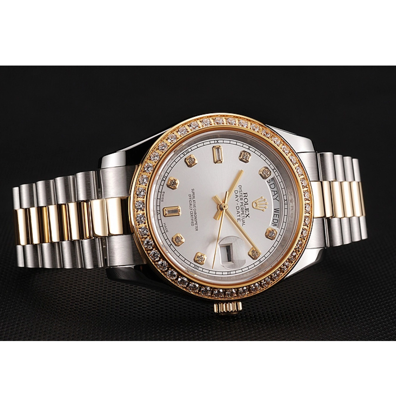 Rolex copies cheap Gold Dial Day-Date Tone Rolex 1453972 Case Diamond White Bracelet Two Steel Swiss Stainless 0529